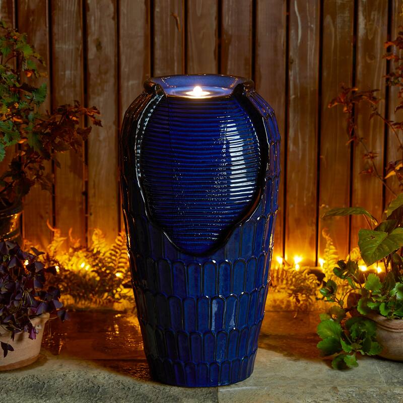 Glitzhome Oversized LED Lighted Ceramic Pot Floor Fountains for Outdoor Garden