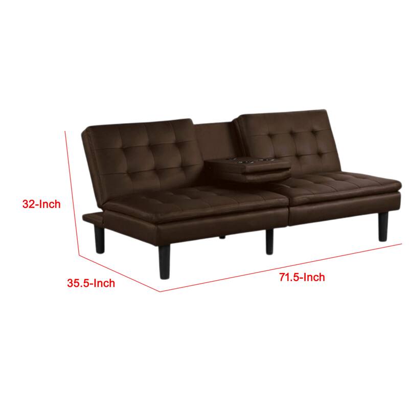 Berie Futon Sofa Bed, Drop-Down Tray and Cupholder, Brown Faux Leather