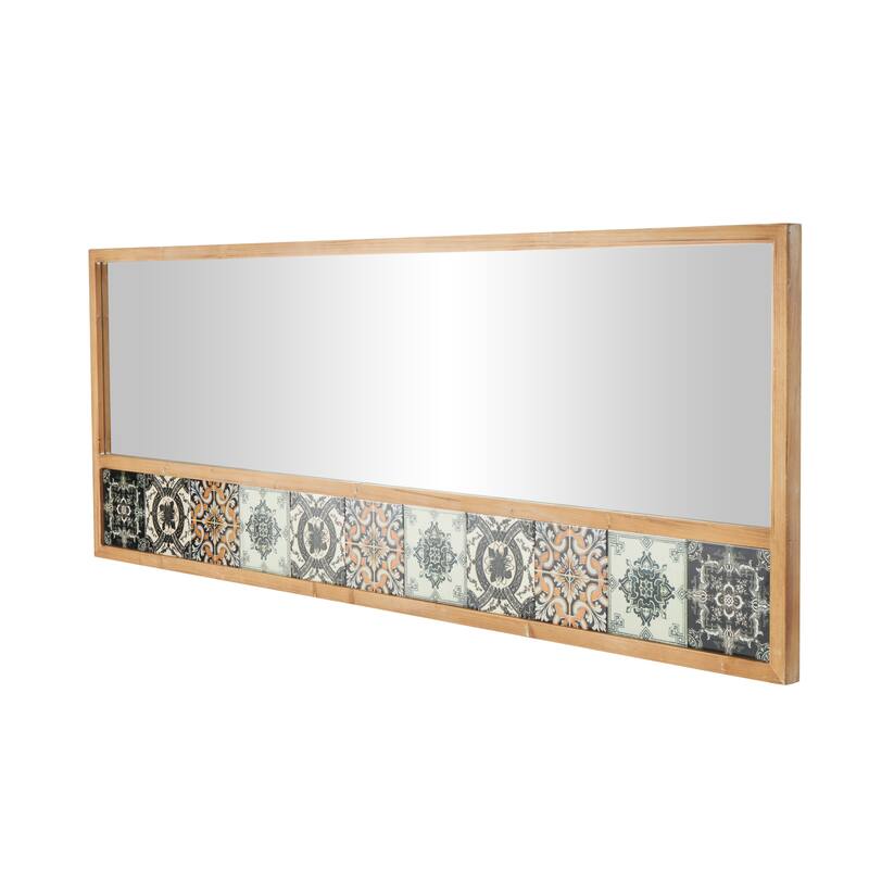 Brown Wood Floral Room Wall Mirror with Patterned Mosaic Tile Edge