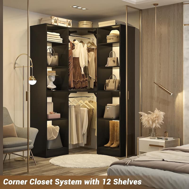Kyrvo Corner Closet System with 12 Shelves and 2 Hanging Rods, 40"W x 80"H Freestanding Walk-in Closet Organizer System