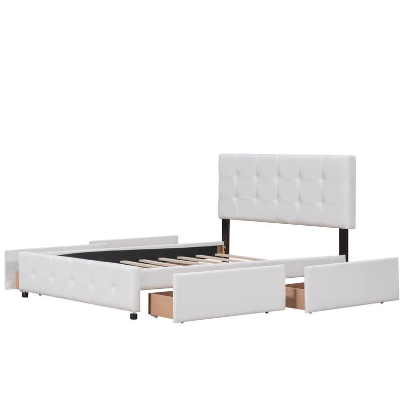 Queen Linen Upholstered Platform Bed with Tufted Headboard & 4 Drawers