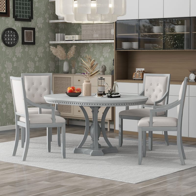 5-Piece Retro Dining Set with Extendable Fluted-Edge Table & Tufted Armchairs by Harper&Bright Designs - Antique Gray