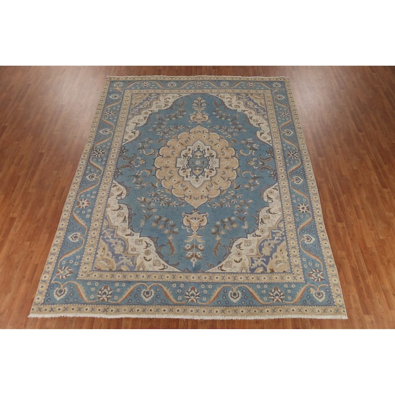 Light Blue Tabriz Persian Vintage Area Rug Hand-Knotted Wool Carpet - 9'7"x 12'6"