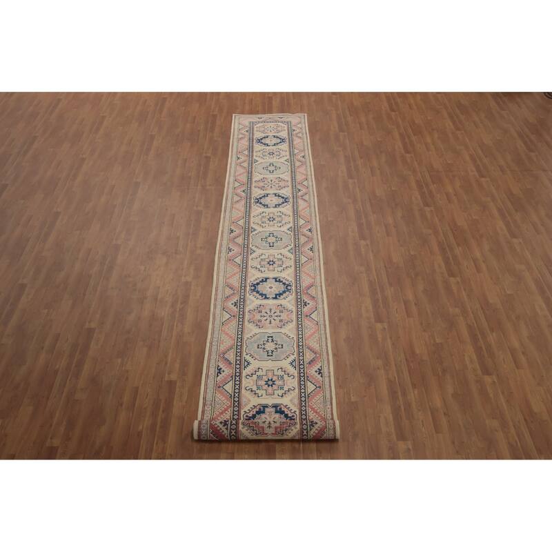Hand Knotted Oriental 100% Wool Carpet Traditional Geometric Beige & Ivories Kazak Runner Rug - 16' 4'' X 2' 11''