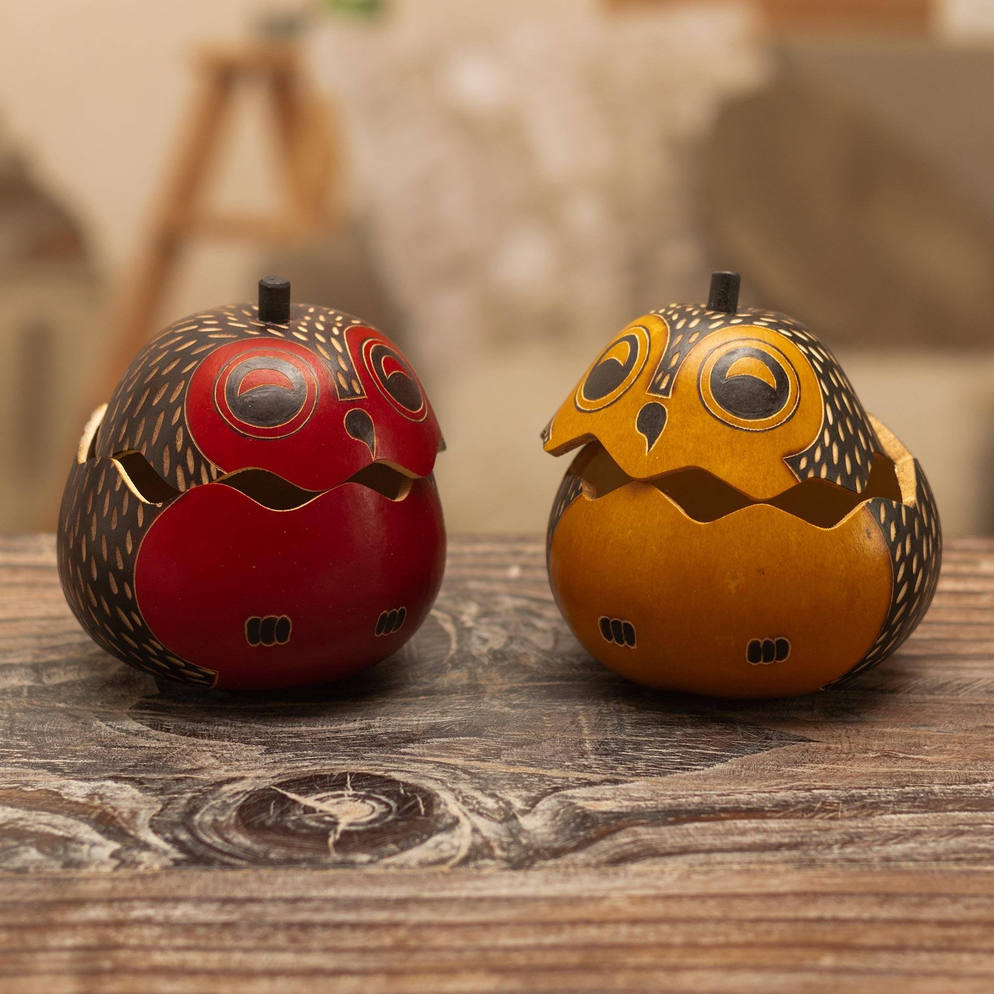 Novica Handmade Singing Owls Dried Mate Gourd Decorative Boxes Bed