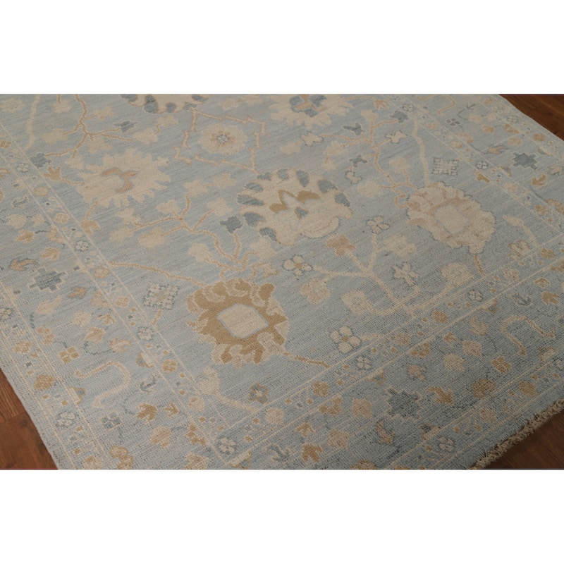 Vegetable Dye Oushak Turkish Rug Hand-Knotted Blue Wool Carpet - 4'11"x 6'11"