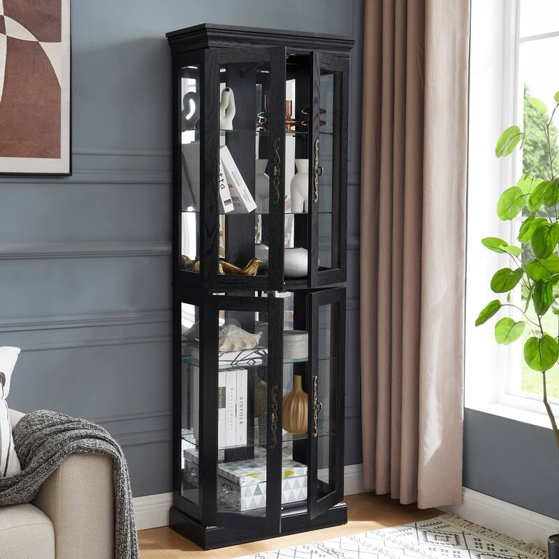 Lighted Glass Curio Display Cabinet with Wood Frame - Elegant Glass Storage for Wine, Toys & Collectibles