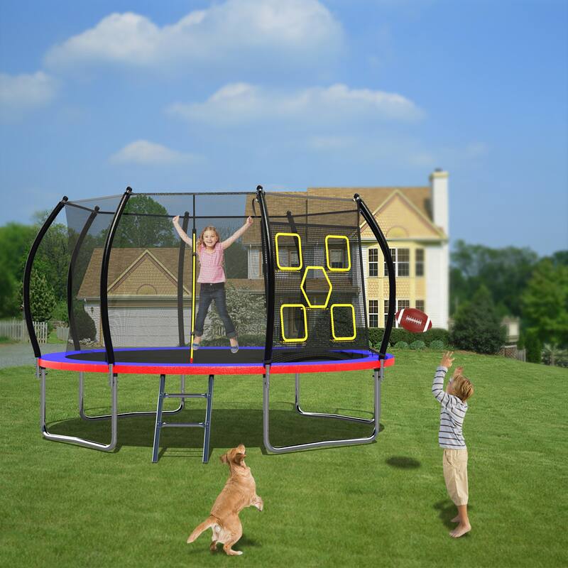 12FT Trampoline, Outdoor Trampolines for Kids and Adults, Recreational Trampoline with Enclosure Net Ladder