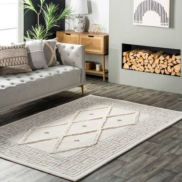 slide 2 of 9, Nuloom Ellsa Mediterranean Diamond Wool Area Rug 5' x 8' - Ivory - Rectangle