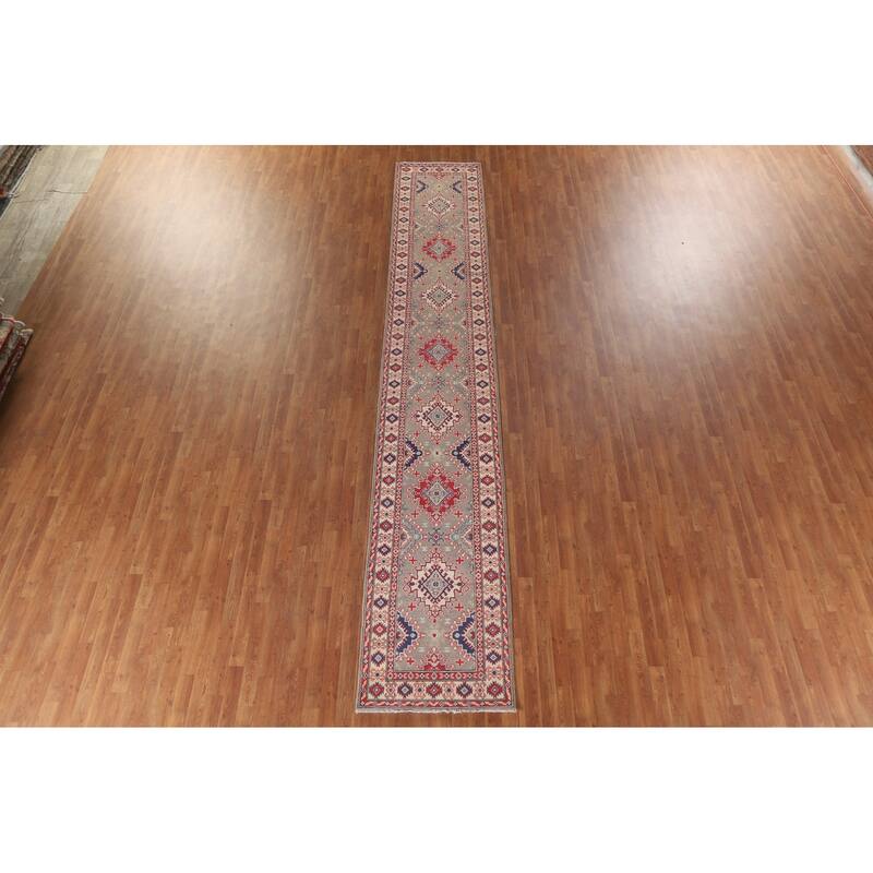 Hand Knotted Oriental 100% Wool Carpet Traditional Geometric Brown Kazak Runner Rug - 15' 11'' X 2' 8''
