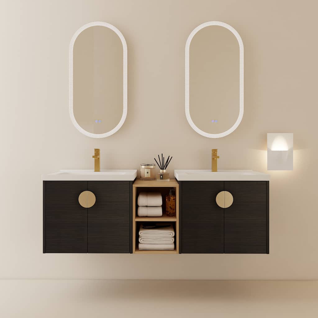 59.6-Inch Wall-Mounted Vanity with Scratch-Resistant Plywood Base and Two Ceramic Basins - 59.6in L