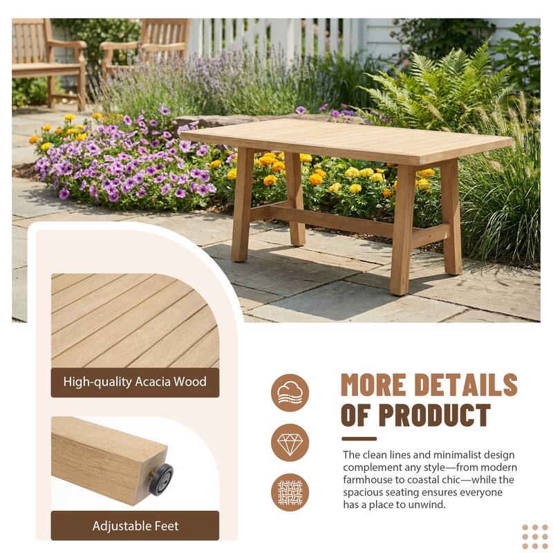 Outdoor Sectional Sofa Set 6-Piece Acacia Wood L-Shaped Corner Sofa Set with Dining Table & Ottoman