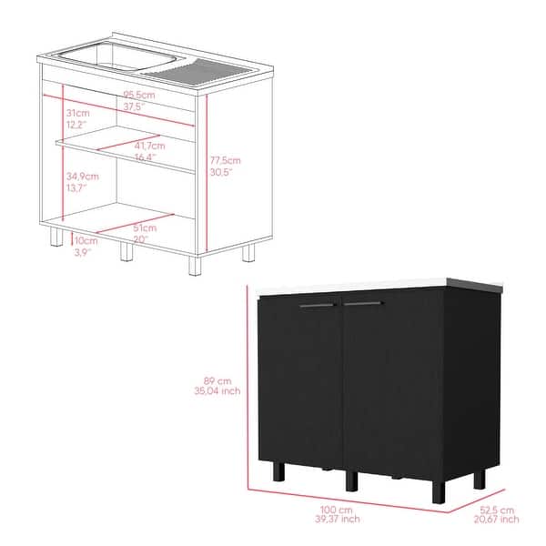 Napoles 2 Utility Sink With Cabinet – White, Wide Aluminum Countertop, Interior Shelf, Stylized Legs, 38"W X 39"D X 35"H, Faucet Not Included