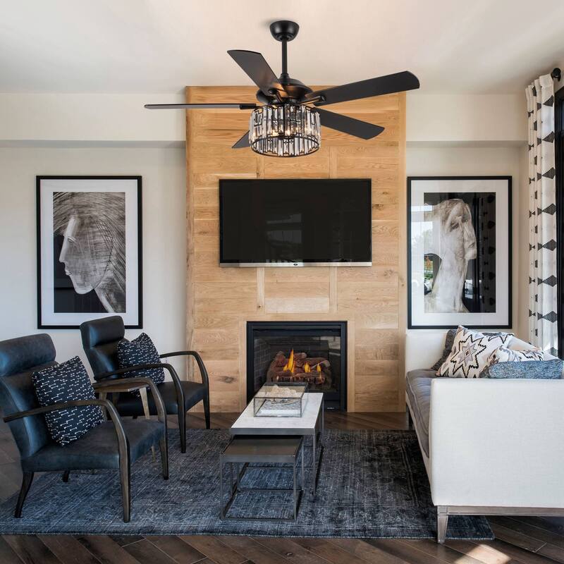 52" Matte Black Industrial Crystal Caged Downrod Mount Ceiling Fan with Remote and Light