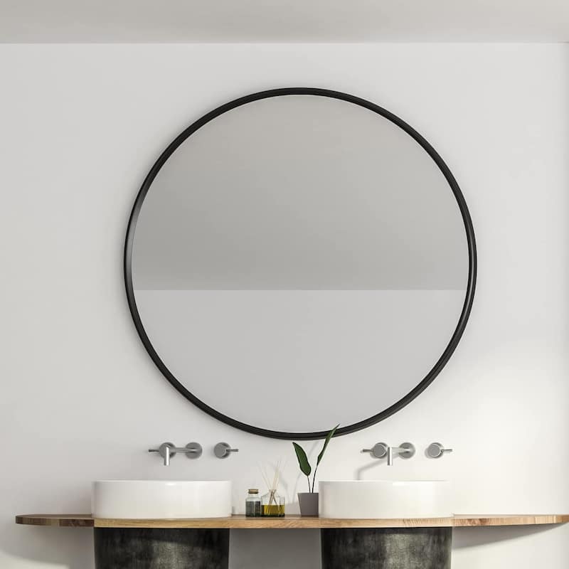 39 Inch Black Metal Framed Round Bathrrom Mirror for Wall - Black
