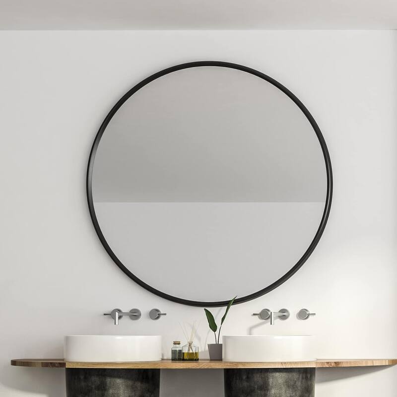 GDFStudio - Montclair Luxury Modern Oversized Round Bathroom Vanity Decorative Mirror with Metal Frame & Easy Wall Mounting - Black - 39" x 39"