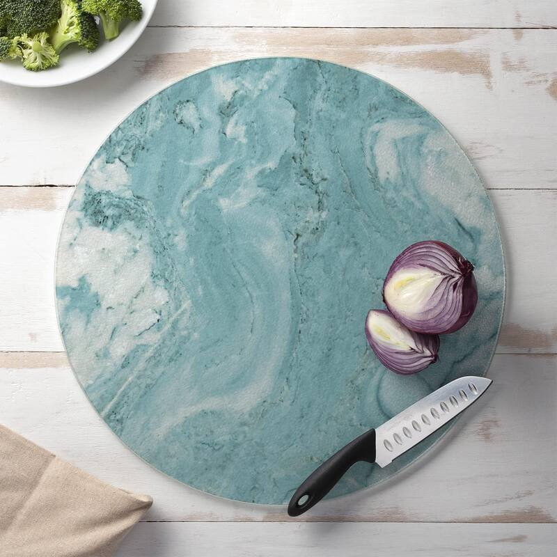 Teal Quartz Design 4mm Heat Tolerant Round Tempered Glass Cutting Board 16" Round Made in the USA, Cake Plate, Pizza Stand