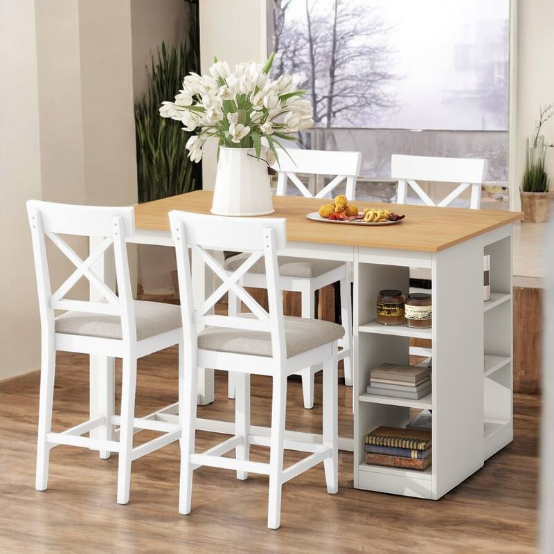Farmhouse 5-Piece Counter Height Dining Table Set with 3-Tier Storage Shelves, 4 Cross-Back Chairs, Solid Rubberwood Frame