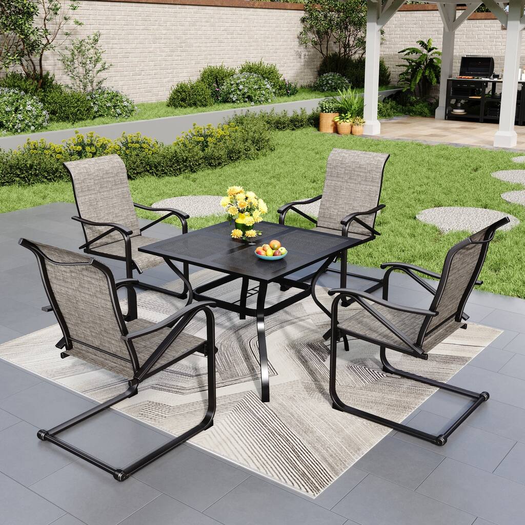 5-Piece Patio Furniture Dining Set, with 4 C Spring Motion Textilene Metal Chairs and Steel Table with Umbrella Hole