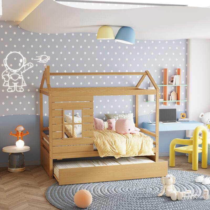 Twin Size Wood Kids Bed with Twin Size Trundle