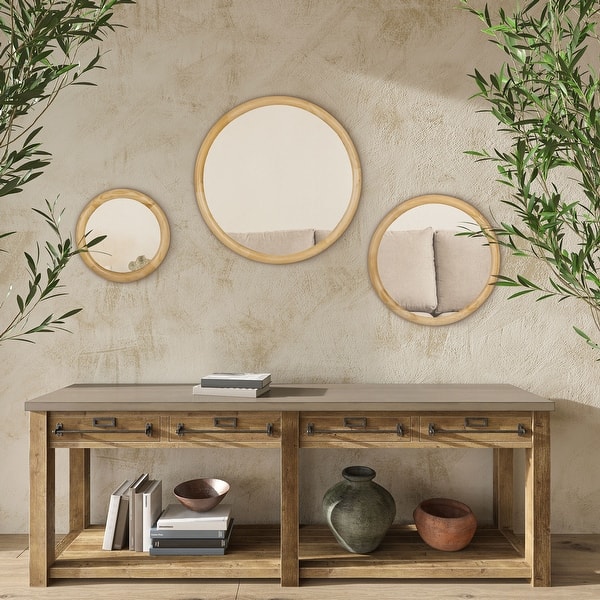 slide 1 of 9, HOMCOM Set of 3 Wood Wall Mirror, Home Modern Round Mirror for Wall in Living Room, Bedroom Natural Wood