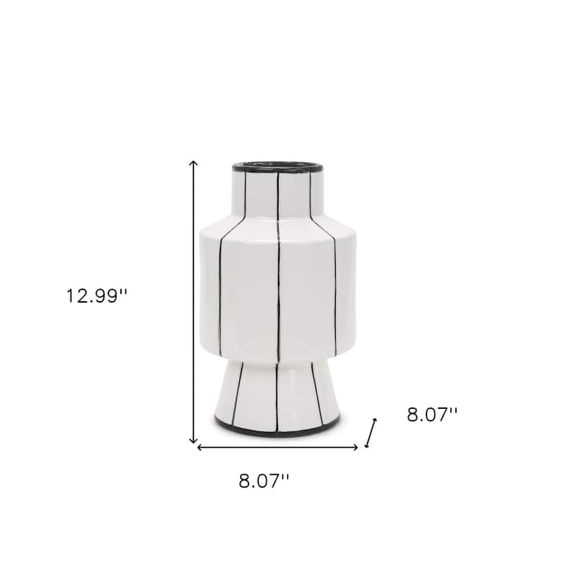 13" White And Black Striped Ceramic Cylinder Table Vase - 8.07