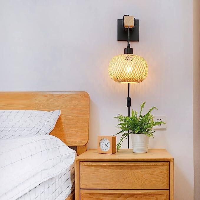 Bamboo Rattan Lantern Lampshade Wood Beam Wall Mounting Hanging Lamp,Industrial Modern Wire Plug in Wall Sconce for Bedroom