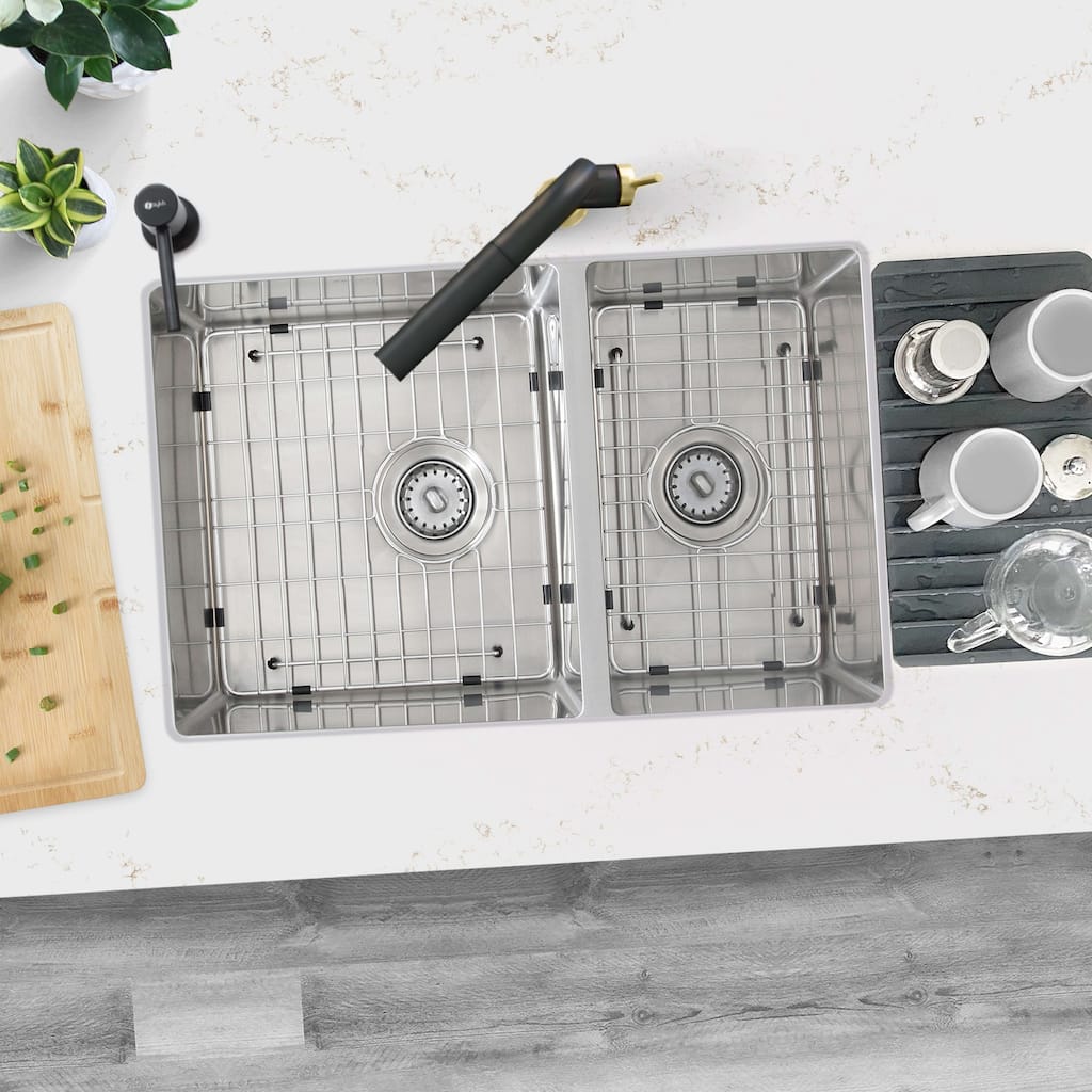 stylish 28 inches L x 18 inches W Double Bowl 60/40 Reversible Undermount Stainless Steel Kitchen Sink with Strainers