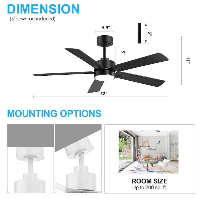52" Integrated Ceiling Fan with LED Light and Remote(5-Blade)
