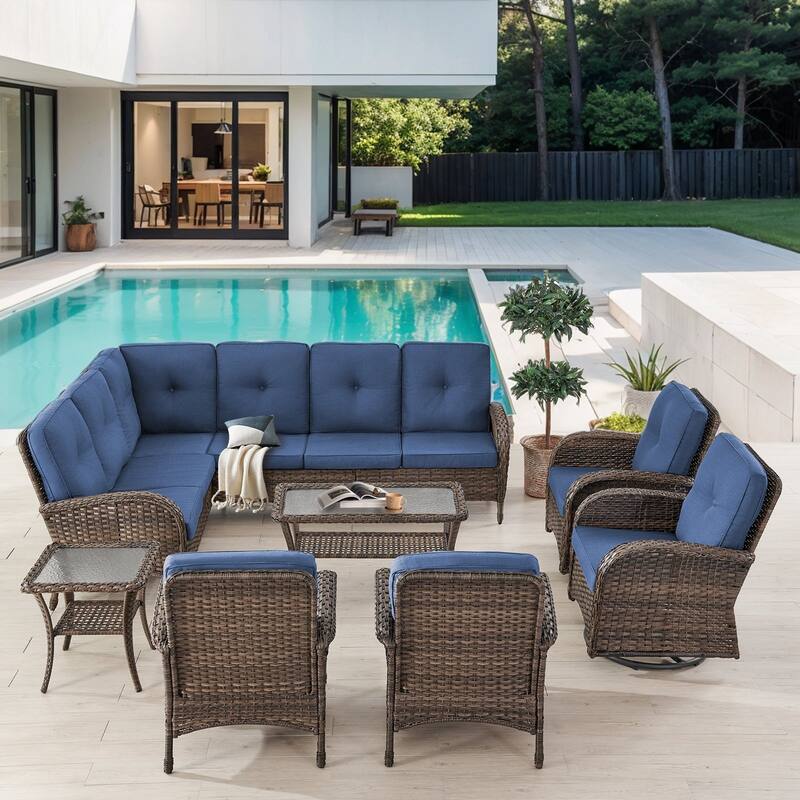 Gymojoy L-Shaped Outdoor Sectional Sofa Set with Swivel Chairs & Patio Chairs - Blue - 7-Piece