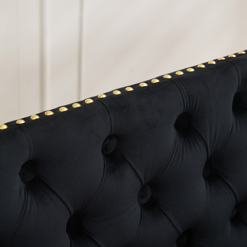 Velvet Double Dining Loveseat Bench, 2-Seat Tufted Bench w/Handmade Buttons, Wing Back, Gold-Plated Steel Legs, Single Pack