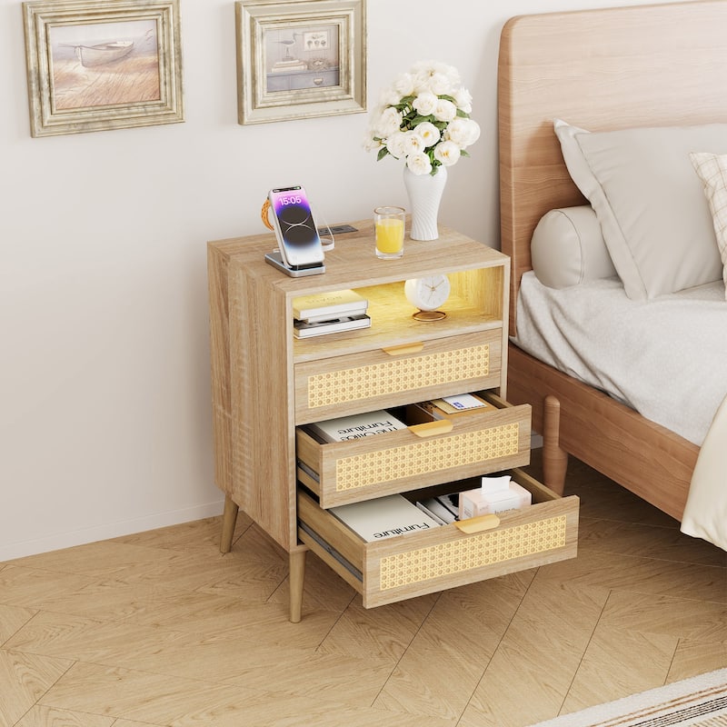 POLESITTER Rattan 3 Drawers Nightstand with LED Lights and Charging Station,Storage End Table