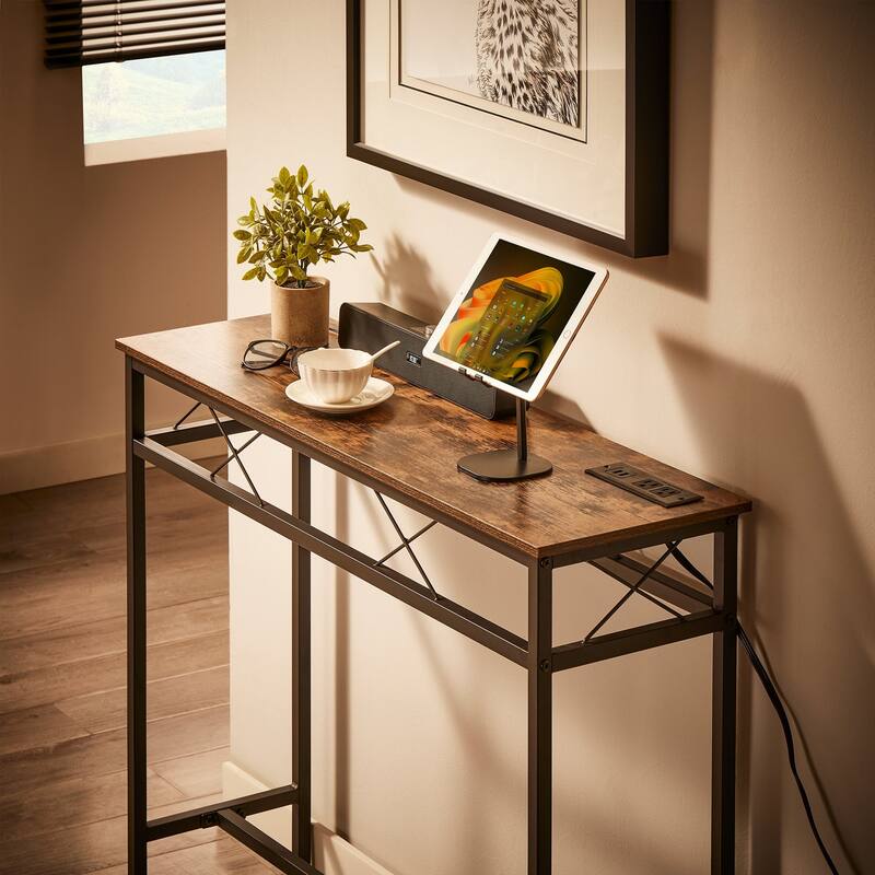 VECELO Industrial Rectangular Wood Console Table with AC Power and USB Charging Ports