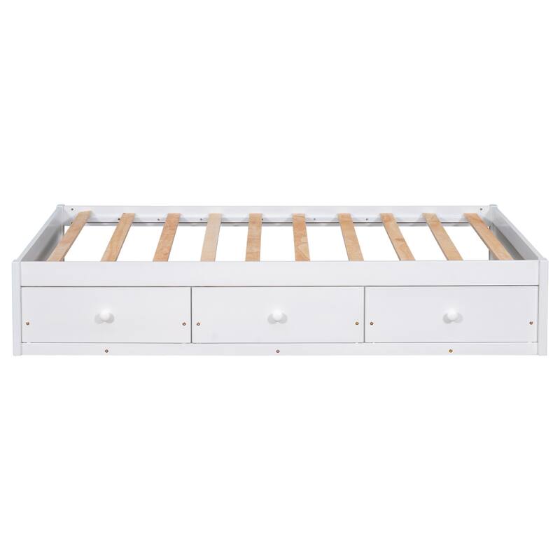 Twin Size Platform Storage Bed with 3 Drawers, White Pine Wood Frame, Mattress Foundation