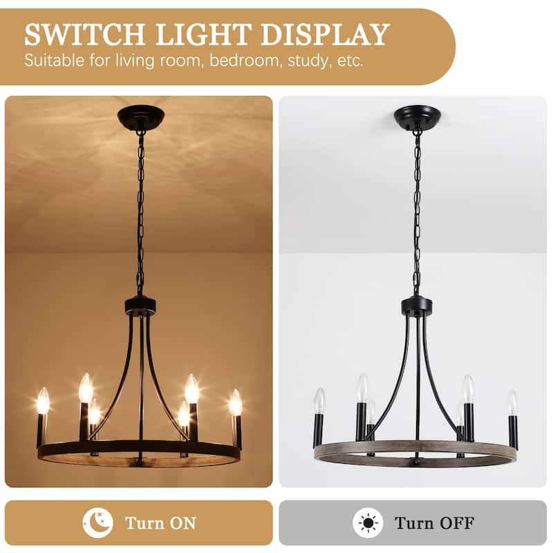 6-Light Farmhouse Candle Circle Hanging Wagon Wheel Chandelier Lighting for Kitchen Island