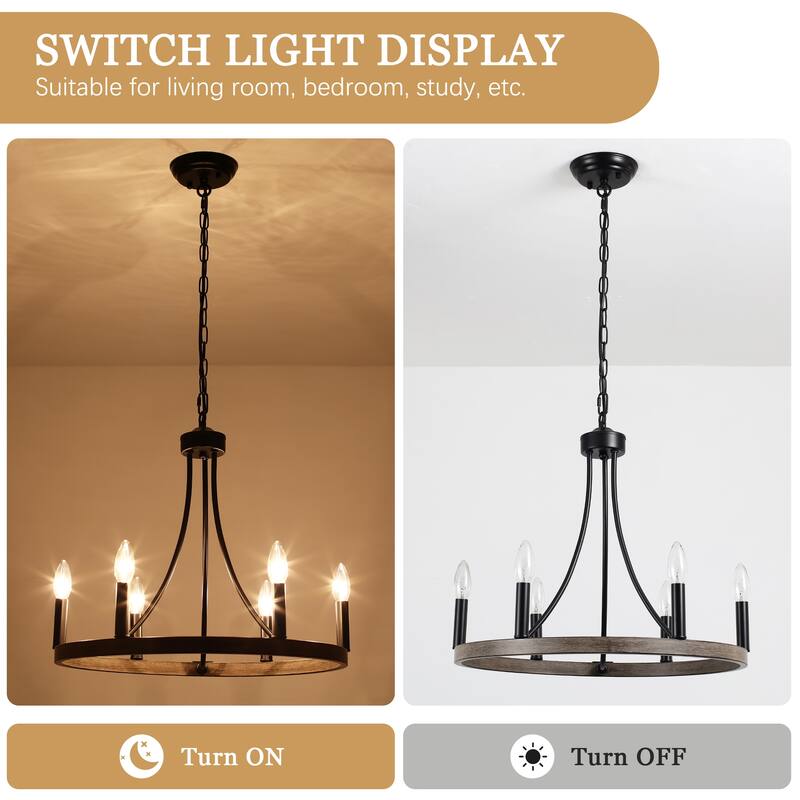6-Light Farmhouse Candlestick Circle Hanging Wagon Wheel Chandelier Lighting for Kitchen Island
