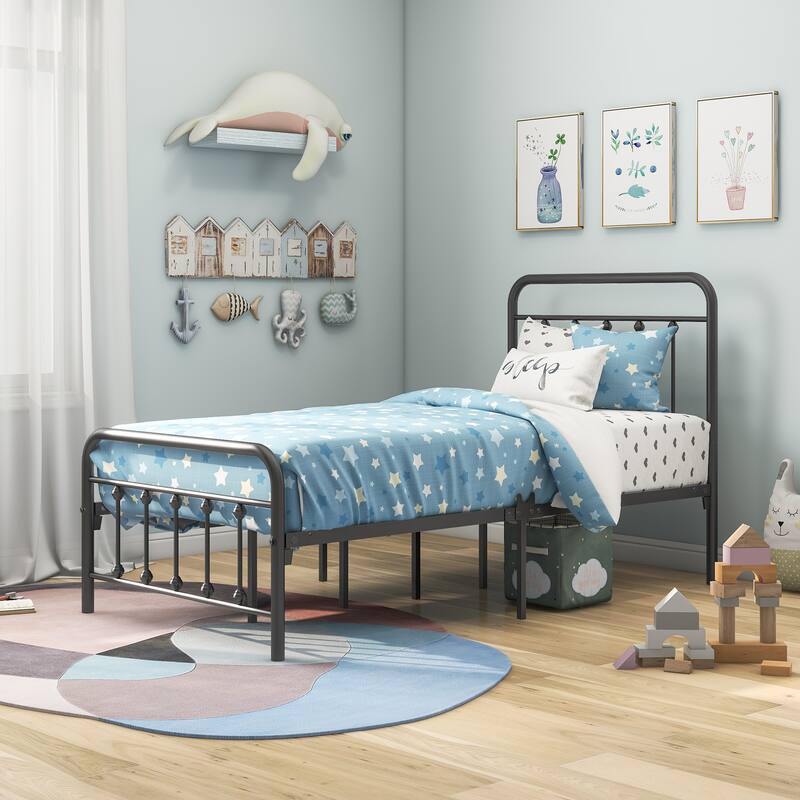 BLACK Metal Twin Platform Bed Frame with Headboard No Box Spring Needed