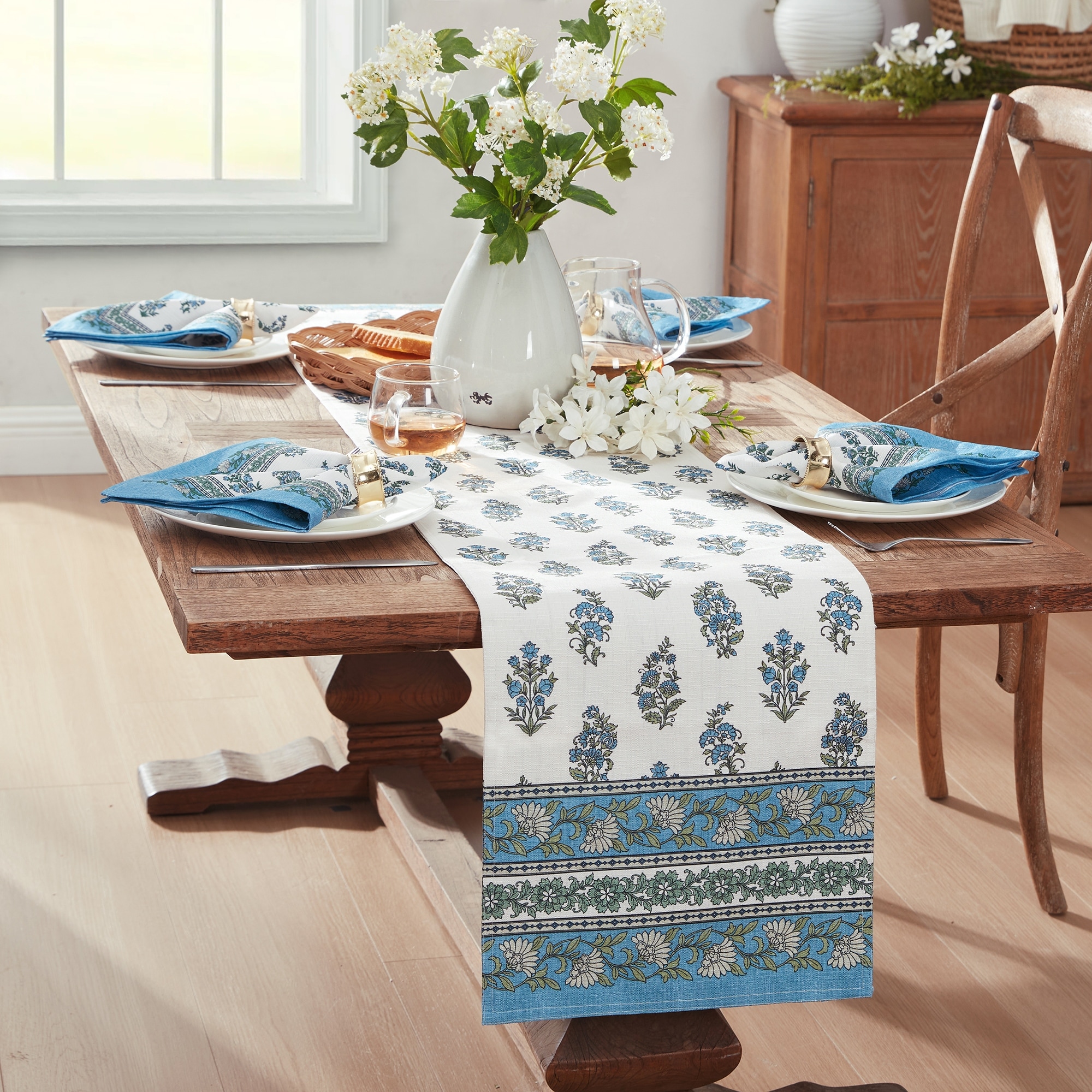 Tropez Block Print Stain & Water Resistant Indoor/Outdoor Table Runner - 13x70