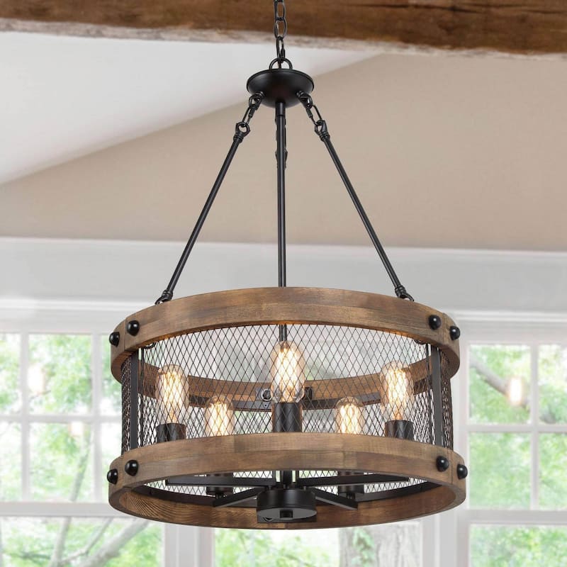 Farmhouse 5-Light Wood Drum Chandelier for Dining Room