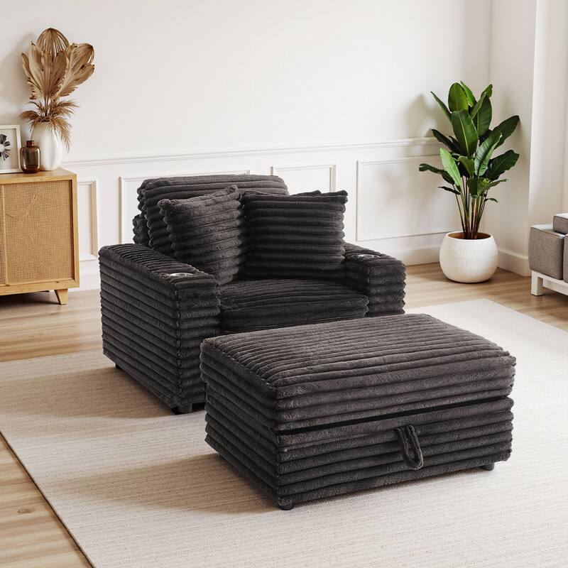 Oversized Cotton Flannel Chaise Longue with Storage Ottoman - Chocolate