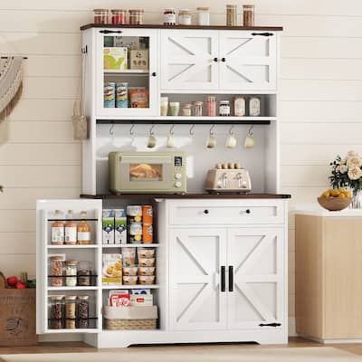 Farmhouse Kitchen Pantry Cabinet Drawer & Doors Adjustable Shelf