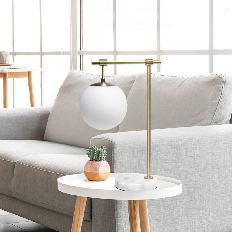 Antique Brass Arm Desk Lamp with Globe Shade - 21" - Gold and White