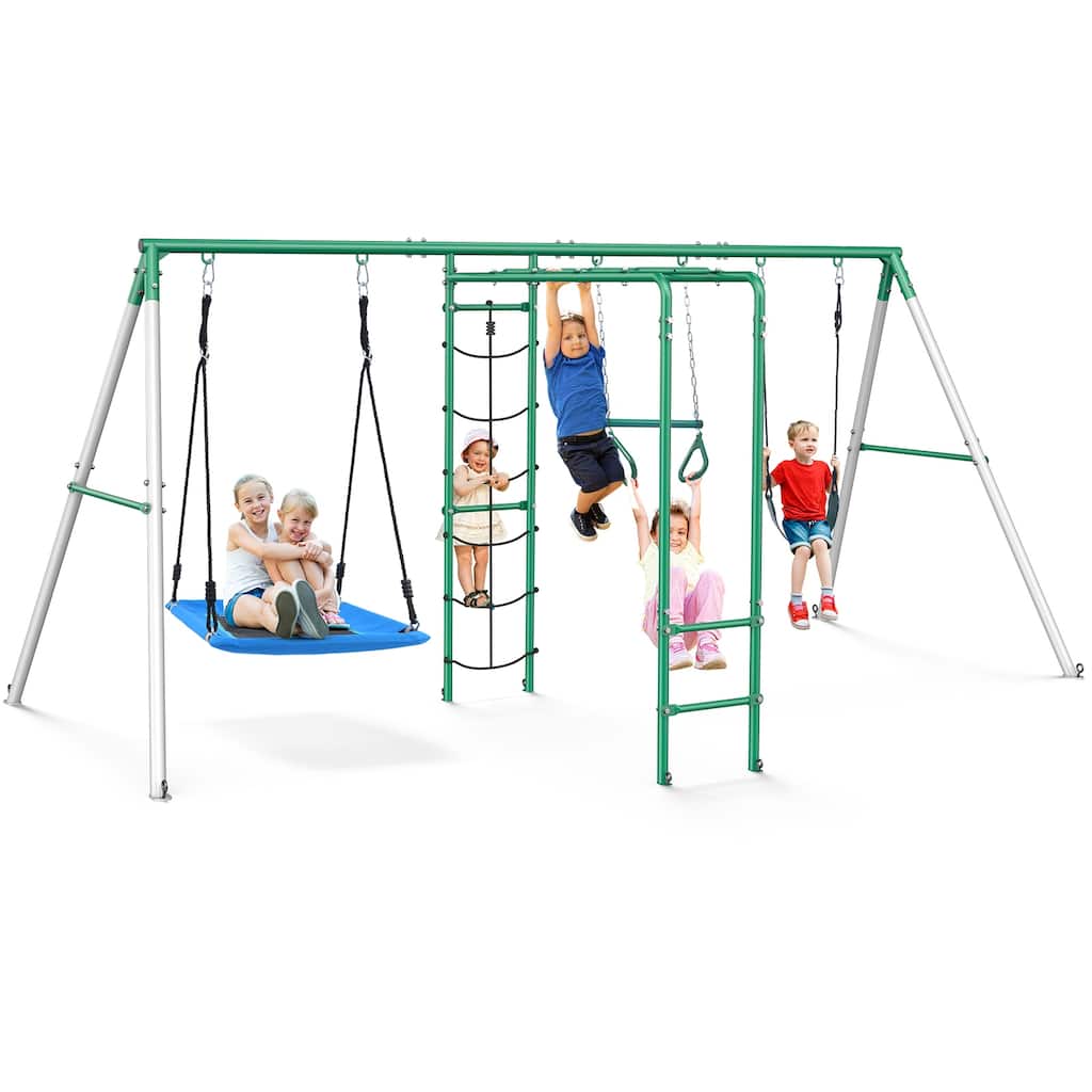 Hapfan Swing Sets for Backyard with Belt Swing, Platform Swing,Trapeze Bar,Monkey Bar,Climbing Net