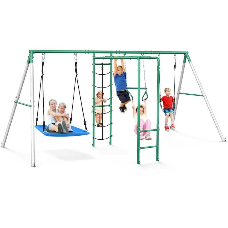 Hapfan Swing Sets for Backyard with Belt Swing, Platform Swing,Trapeze Bar,Monkey Bar,Climbing Net