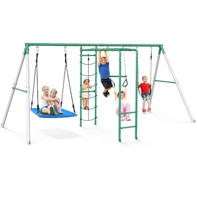 Hapfan Swing Sets for Backyard with Belt Swing, Platform Swing,Trapeze Bar,Monkey Bar,Climbing Net