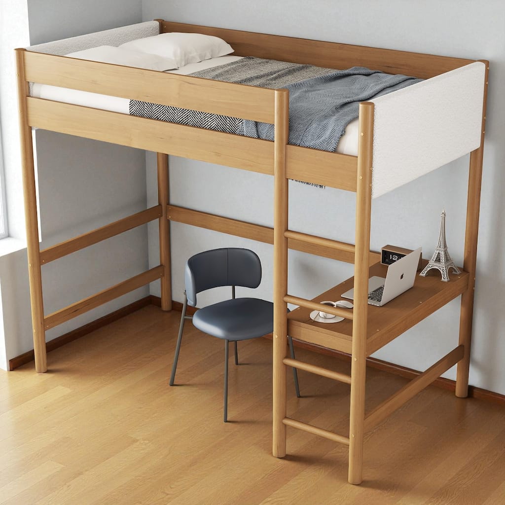 Twin Size Loft Bed with Built-in Desk and Boucle Upholstered Headboard, Solid Rubber Wood Loft Bed with Ladder and Guardrails
