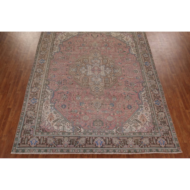 Distressed Pink Tabriz Persian Vintage Rug Handmade Wool Carpet - 9'8" x 12'8"