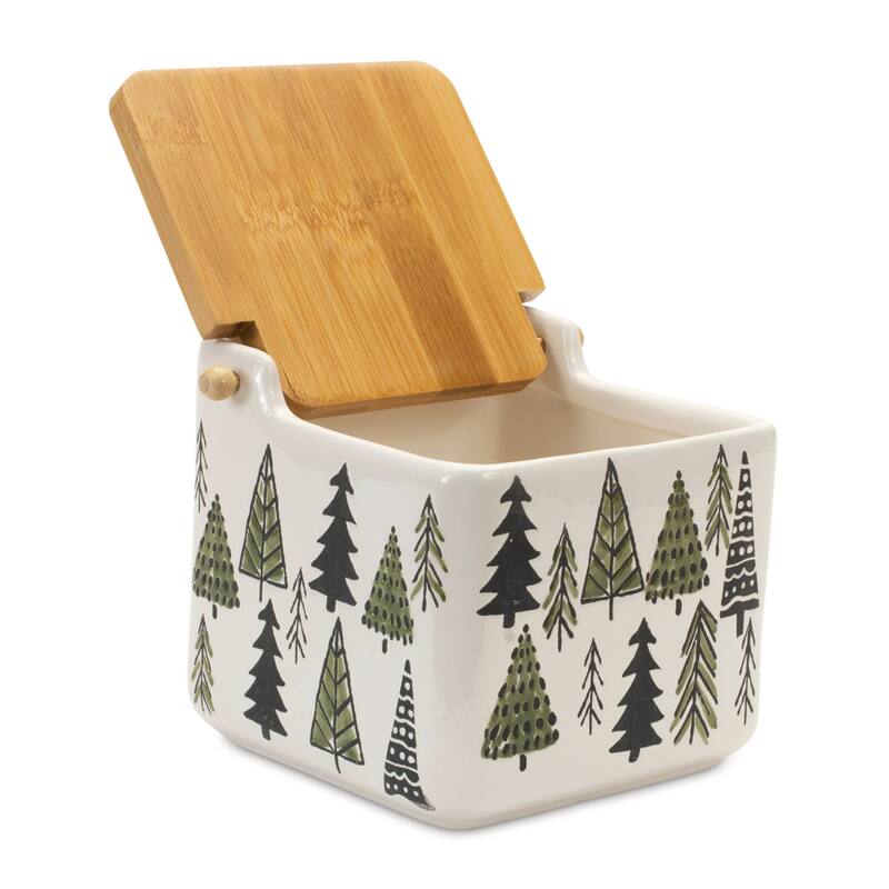 Ceramic Pine Tree Christmas Canister with Lid - 5.25" - Green and White