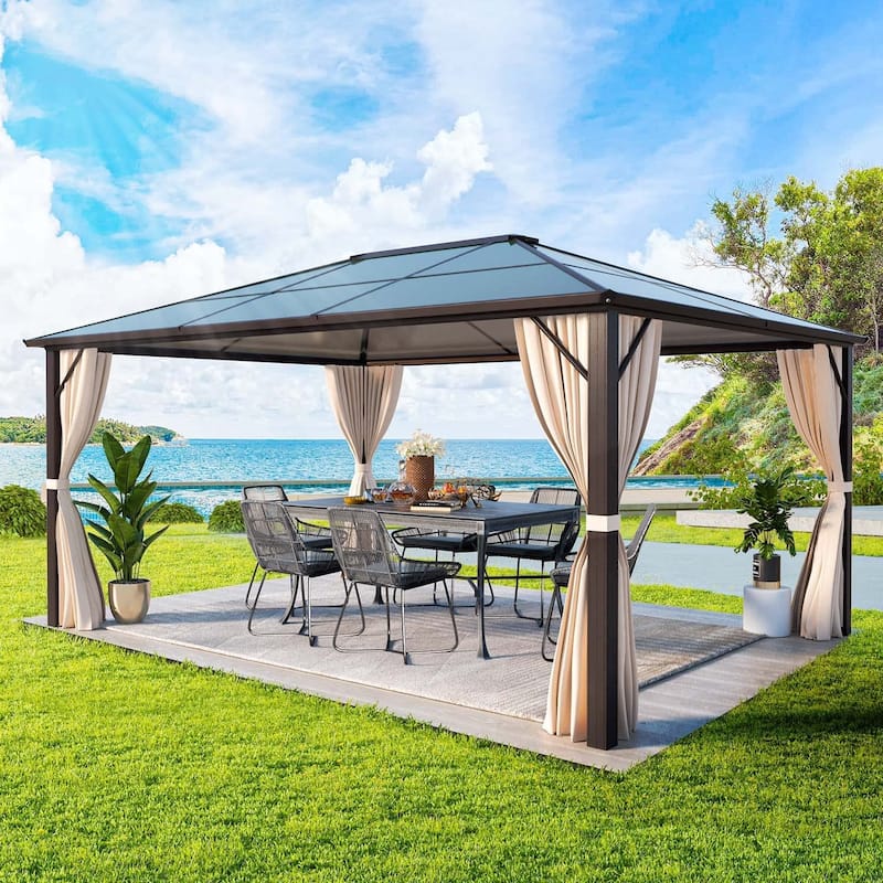 Hardtop Gazebo for Backyard – Permanent Pergola with Netting, Curtains & Double Roof, All-Weather Outdoor Shelter - 10'x12' - Single Roof