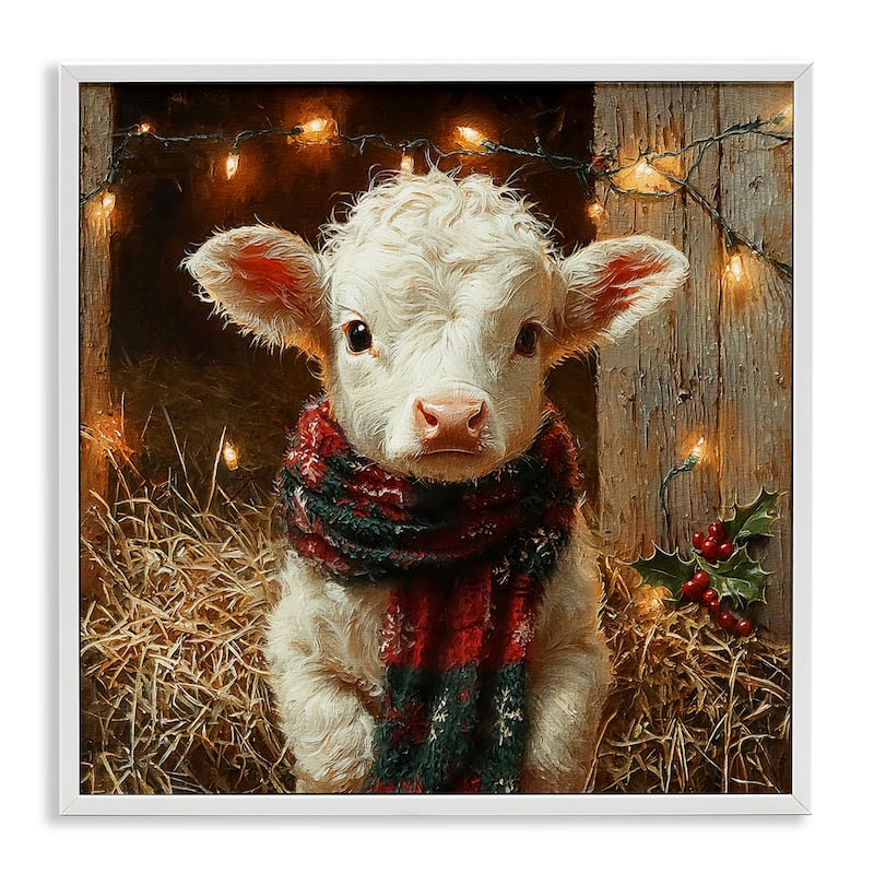 Stupell White Calf with Holiday Lights Framed Giclee Art Design By Riley B - 24 x 24 - White